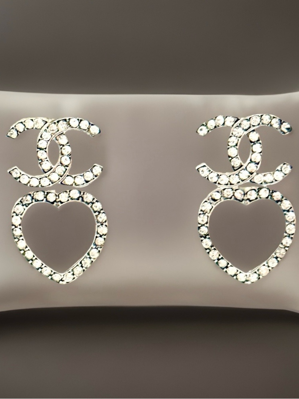 Crystal-Embellished Double CC Heart Drop Earrings - Silver
